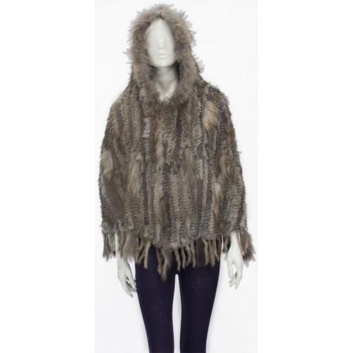 Winter Fur Ladies Taupe Genuine Knitted Rabbit Poncho With Fox Trimming W05P03BR